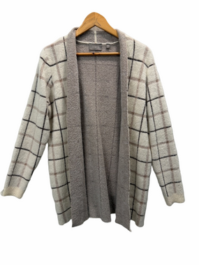 Cyrus Open-Front Windowpane Cardigan Sweater in Cream and Taupe